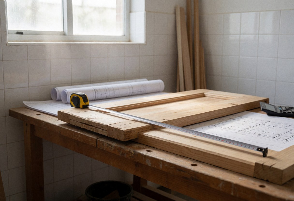 Vue rapprochée d'un mètre ruban posé sur un cadre de porte en bois dans un atelier, avec des plans et une calculatrice sur une table près d'une fenêtre.