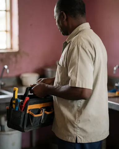 Technicien en réparation de cuisines vu de dos tenant sa mallette d'outils dans une cuisine aux murs roses éclairée par la lumière naturelle.