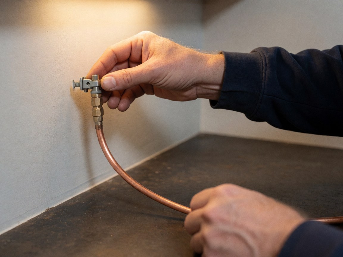 Une main ajuste une connexion en tube de cuivre sur une surface sombre avec des murs gris, dans le cadre d'une réparation d'appareil électroménager.
