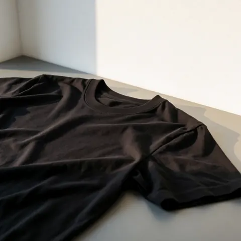 Un t-shirt noir en coton posé dans un coin avec des murs blancs et une lumière naturelle créant des ombres douces sur le tissu.