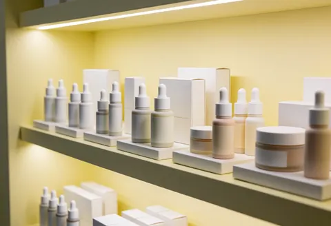 Étagère de magasin contenant des produits de beauté en tons neutres, bouteilles et tubes organisés en rangées sur fond jaune clair, éclairage doux et professionnel.