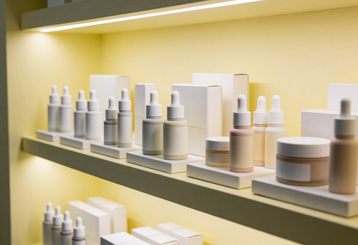 Étagère de magasin contenant des produits de beauté en tons neutres, bouteilles et tubes organisés en rangées sur fond jaune clair, éclairage doux et professionnel.