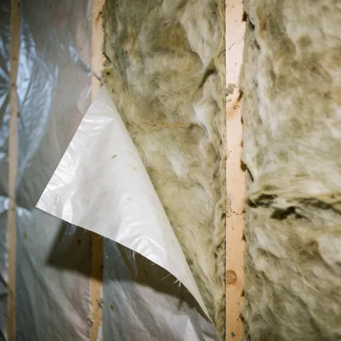 Coupe transversale d'un mur montrant l'isolation en fibre minérale entre des poutres en bois et une barrière de vapeur partiellement exposée.