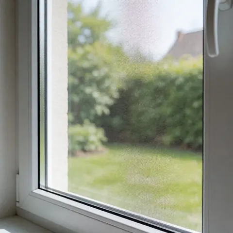 Vue d'une fenêtre équipée d'une moustiquaire blanche installée, offrant une perspective sur un jardin verdoyant et des arbres sous une lumière naturelle douce.