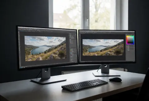 Bureau d'édition équipé de deux moniteurs affichant un logiciel de photographie, accompagné d'un clavier et d'une souris, dans un espace aux murs gris éclairé par une fenêtre.