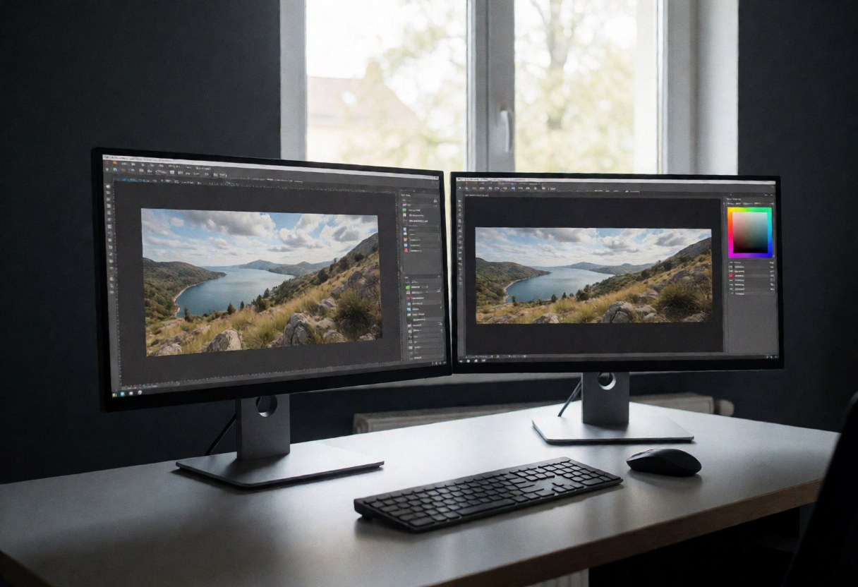 Bureau d'édition équipé de deux moniteurs affichant un logiciel de photographie, accompagné d'un clavier et d'une souris, dans un espace aux murs gris éclairé par une fenêtre.