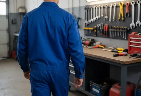Un technicien de dos portant une chemise bleue se tient devant un établi avec des outils organisés sur le mur et la table.