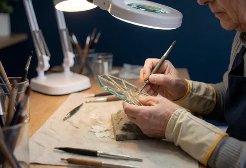 Un artisan effectue une réparation au kintsugi sur un fragment de verre sous un microscope, dans un atelier aux murs bleus foncés.