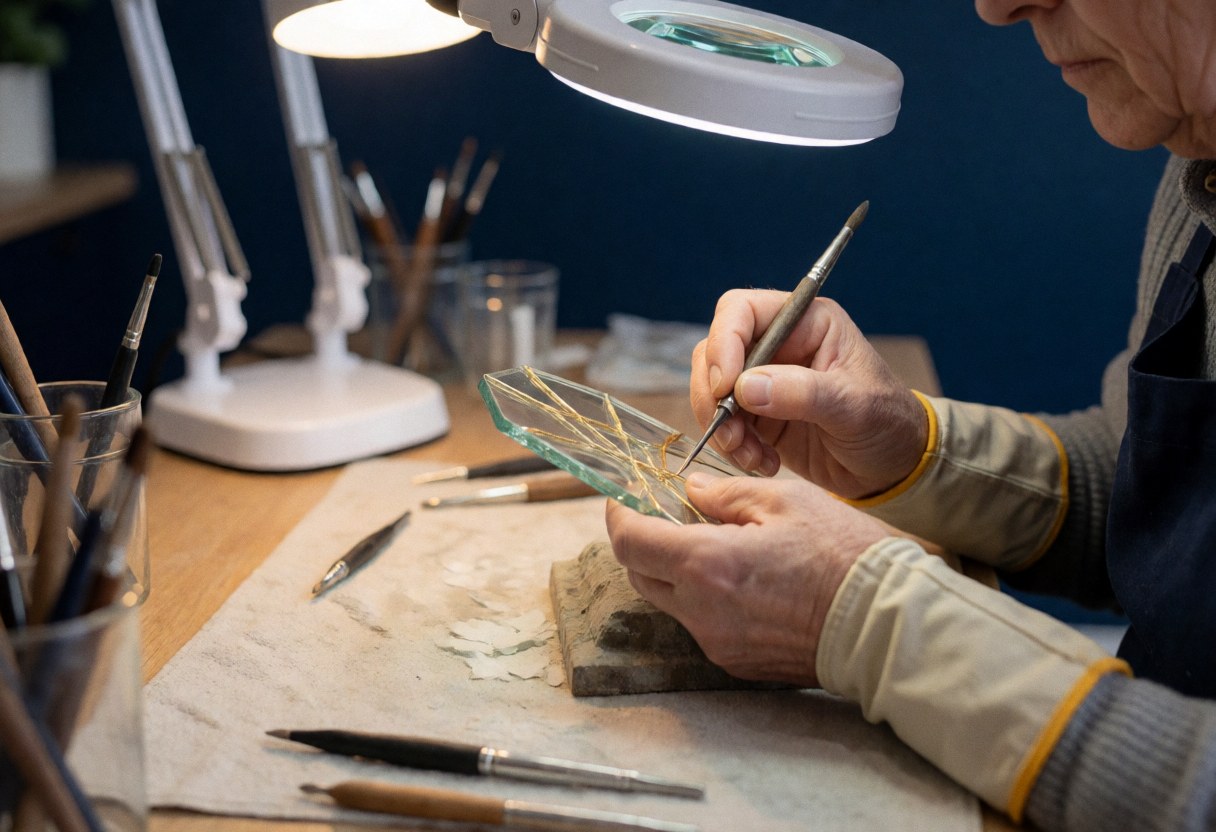 Un artisan effectue une réparation au kintsugi sur un fragment de verre sous un microscope, dans un atelier aux murs bleus foncés.