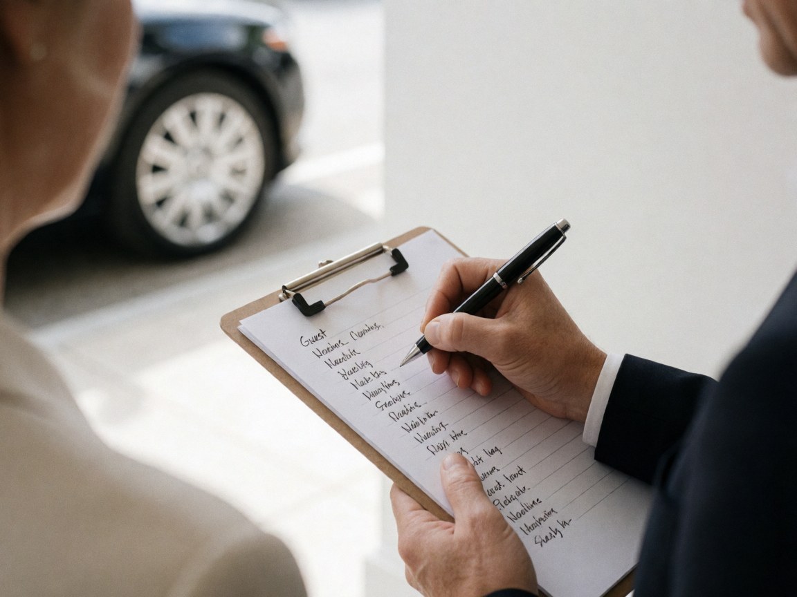 Une main écrit des noms sur une liste de invités tenue dans un porte-plume, avec une voiture de luxe floue en arrière-plan.