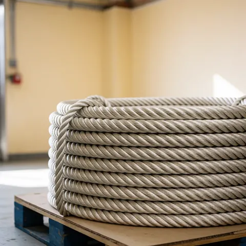 Corde en acier neuve et brillante, enroulée sur une palette en bois dans un entrepôt industriel aux murs beige avec un fond flou.