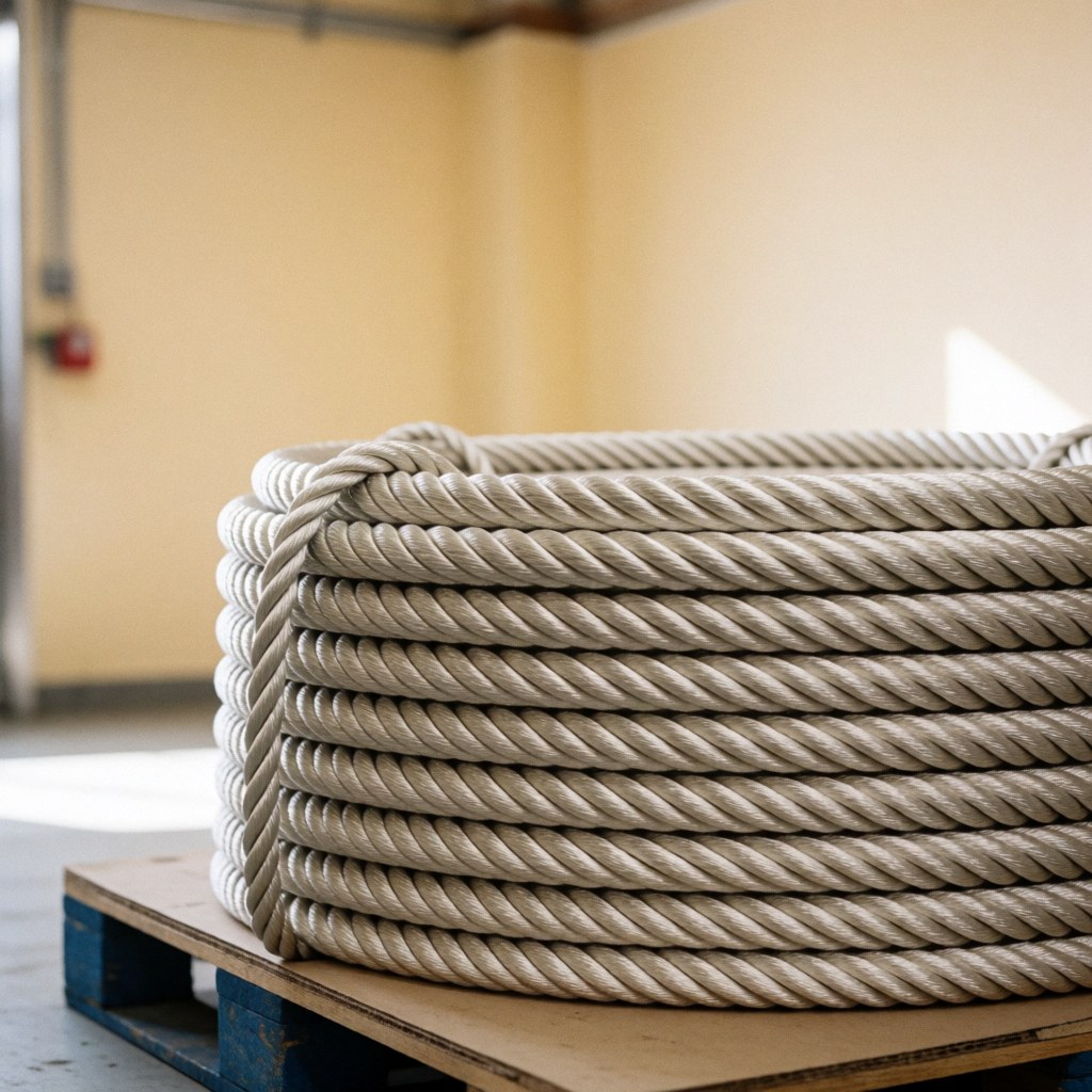 Corde en acier neuve et brillante, enroulée sur une palette en bois dans un entrepôt industriel aux murs beige avec un fond flou.