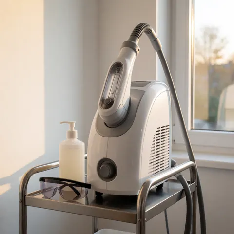 Appareil de dépilation laser blanc posé sur un chariot en métal, accompagné de gel rafraîchissant et de lunettes de protection, éclairé par la lumière naturelle d'une fenêtre.