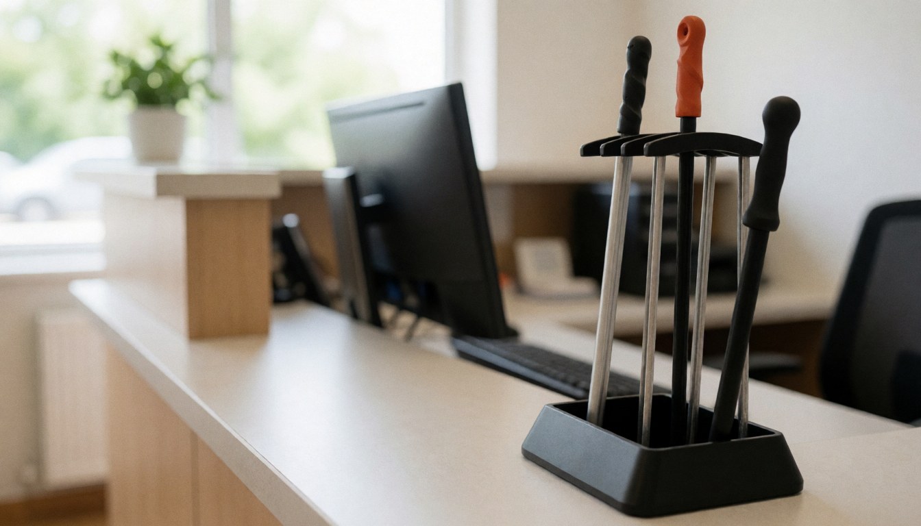 Vue d'un bureau de réception contemporain équipé d'un ordinateur et d'un support pour matériel d'escalade, baigné de lumière naturelle. Arrière-plan idéal pour un site web professionnel lié au sport ou à l'entreprise.