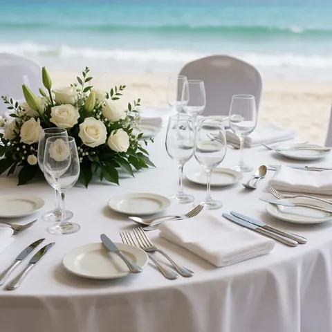 Table élégante pour événement en bord de mer avec nappe blanche, verres, couverts en argent et centre de table de roses blanches sur fond marin flou.