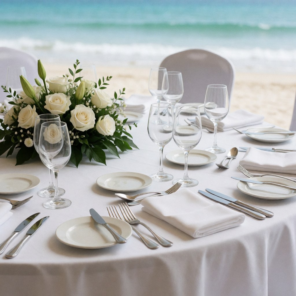 Table élégante pour événement en bord de mer avec nappe blanche, verres, couverts en argent et centre de table de roses blanches sur fond marin flou.