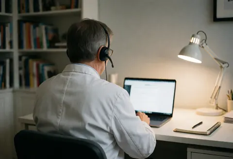 Un professionnel de la santé portant une blouse blanche et un casque, travaillant sur un ordinateur portable dans un bureau éclairé par une lumière chaude.