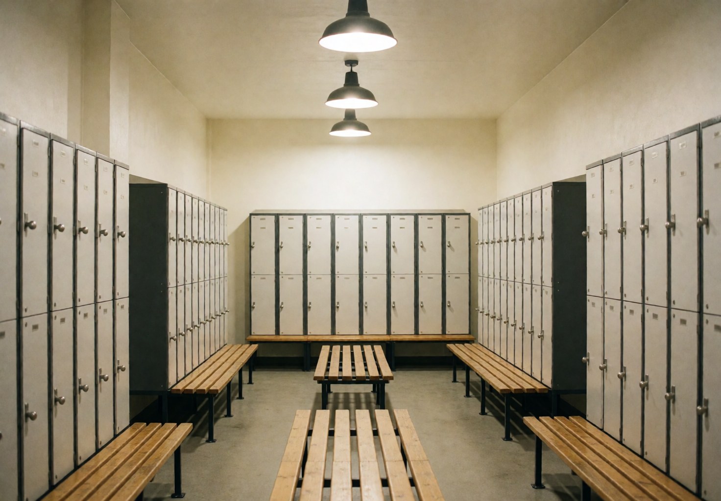 Vestiaire vide équipé de casiers métalliques et de bancs en bois, éclairé par des suspensions, prêt à accueillir les visiteurs.