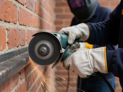 Un ouvrier en casque et gants utilise un outil de coupe pour aplanir une jonction métallique contre un mur de briques, projetant des étincelles.