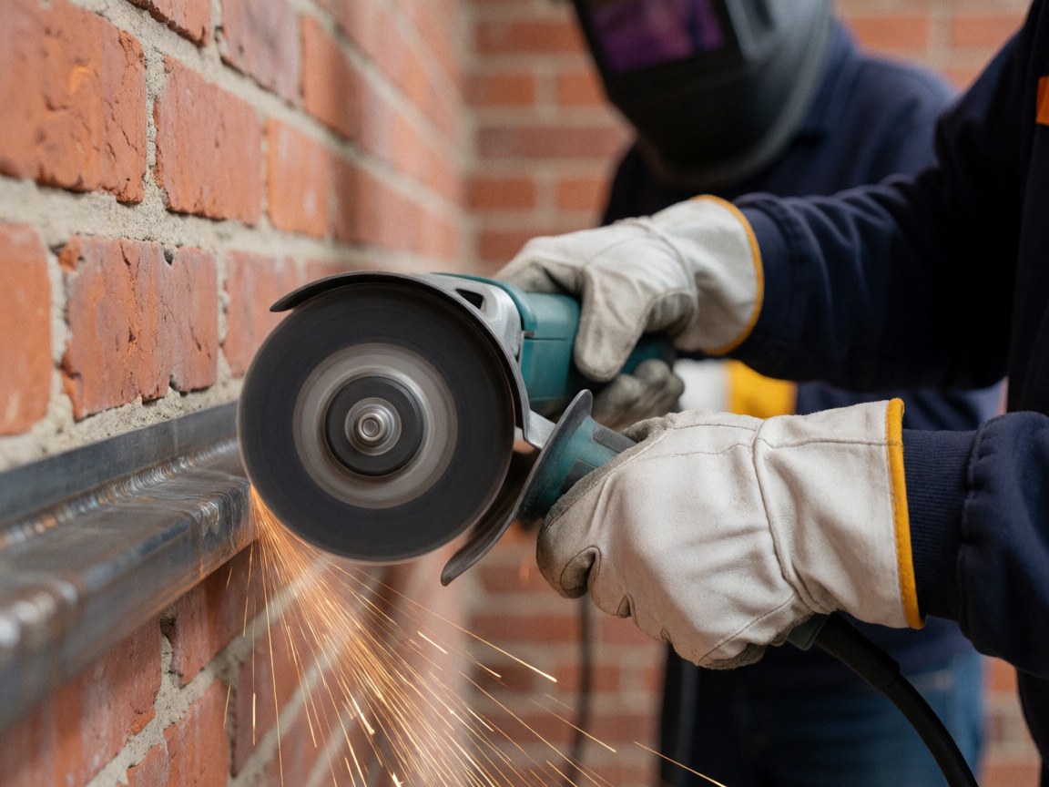 Un ouvrier en casque et gants utilise un outil de coupe pour aplanir une jonction métallique contre un mur de briques, projetant des étincelles.