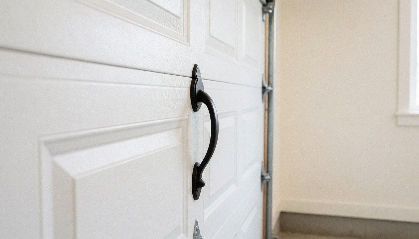 Porte de garage blanche munie d'une poignée noire, sur un mur clair. Scène propre et professionnelle, idéale pour les installateurs de portes de garage.