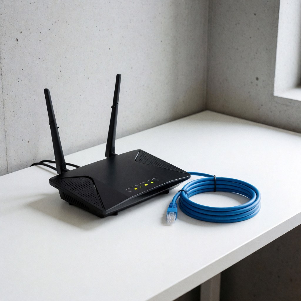 Routeur sans fil noir avec antennes et voyants allumés, accompagné d'un câble Ethernet bleu enroulé sur une table blanche devant un mur de béton.