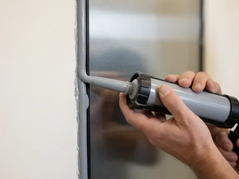 Gros plan de mains appliquant un joint de silicone gris sur un cadre de fenêtre métallique avec un fond flou montrant la texture de l'adhésif.