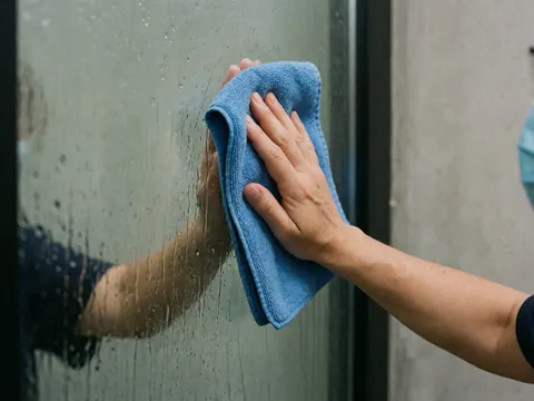 Gros plan d'une main adulte utilisant un chiffon bleu pour essuyer une fenêtre en verre mouillée, montrant des gouttes d'eau et des reflets sur un fond de mur en béton uni.