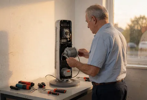Un technicien examine le moteur d'un ventilateur dans un atelier avec des outils sur une table et une lumière de coucher de soleil par la fenêtre.