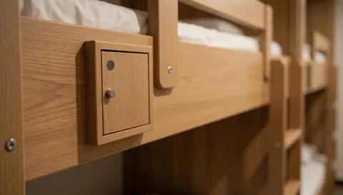 Lit en bois avec tiroir intégré dans un refuge de montagne, fond flou avec d'autres lits, éclairage chaleureux et relaxant.