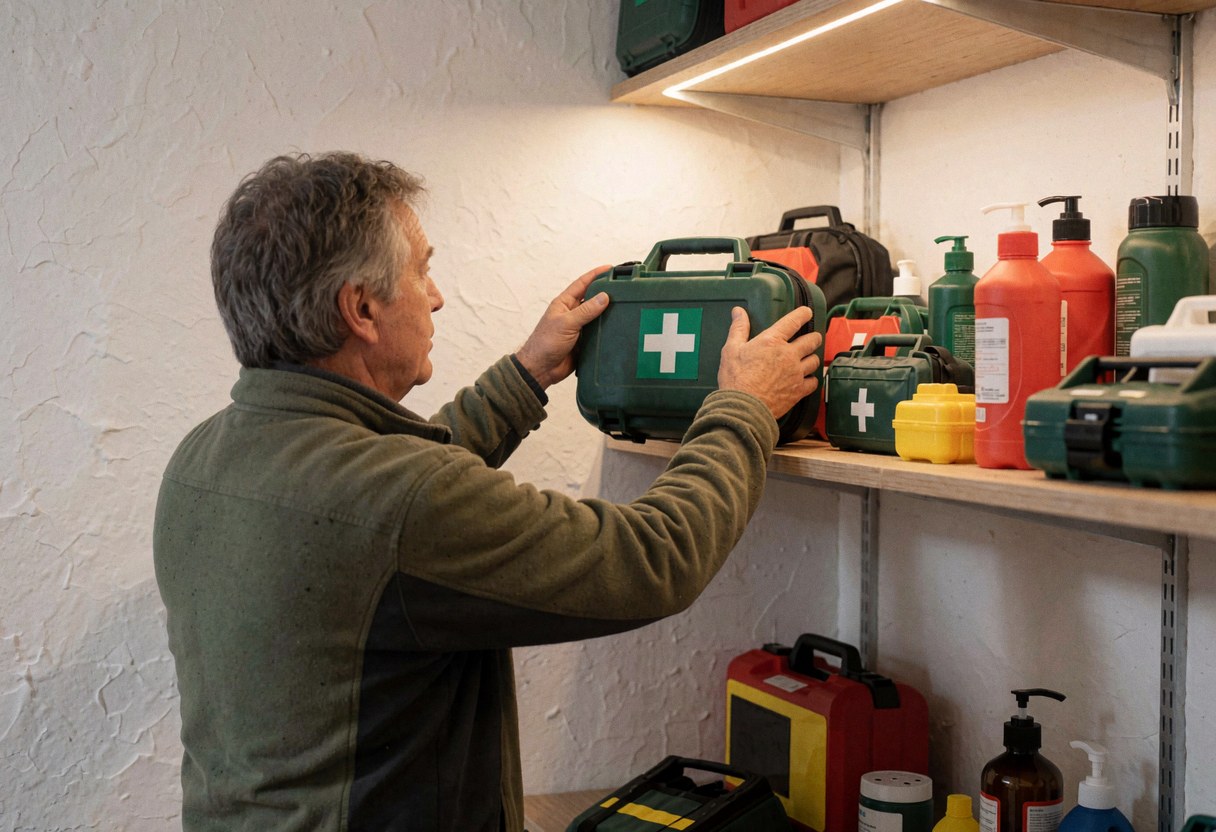 Un homme adulte prend un kit de premiers secours sur une étagère avec d'autres produits d'urgence, illustrant la préparation dans un refuge de montagne.