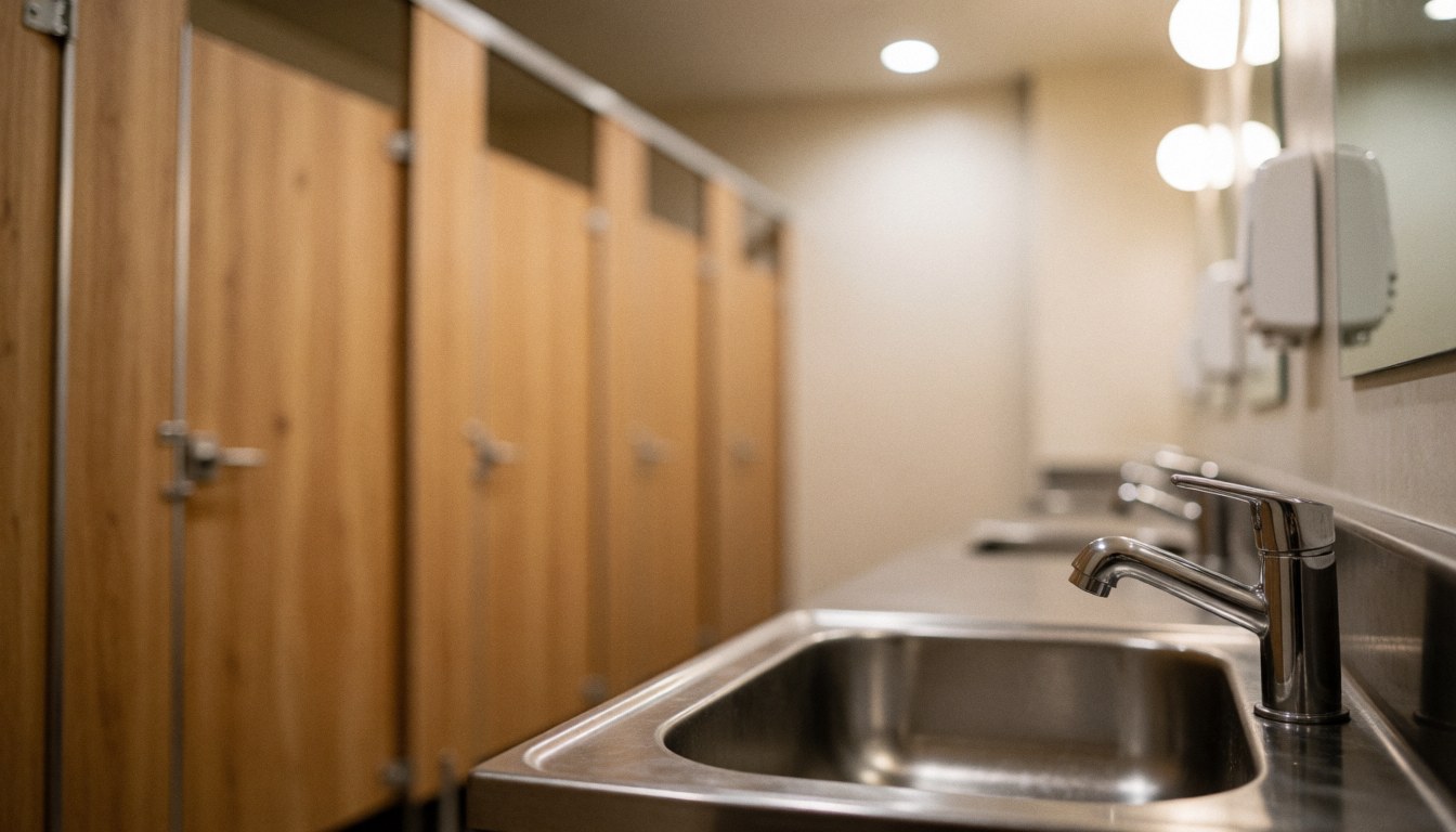 Intérieur d'une salle de bain moderne avec des cabines en bois clair et un évier en acier inoxydable brillant, éclairage doux et chaleureux, fond neutre adapté à l'ajout de texte sur le thème du refuge de montagne.