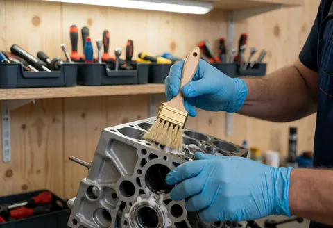 Un mécanicien portant des gants bleus nettoie un bloc moteur de véhicule dans un atelier à l'aide d'une mousse dégraissante et d'une brosse en bronze.