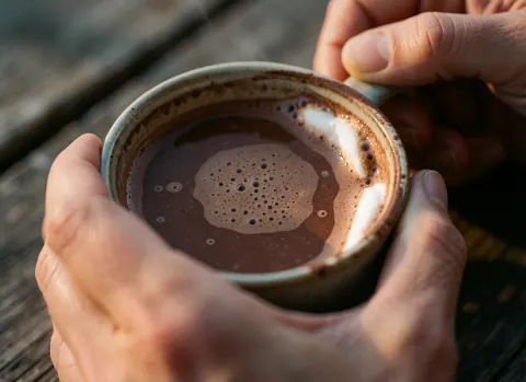 Des mains tiennent une tasse en céramique remplie de chocolat chaud mousseux sur une table en bois rustique, baignée d'une lumière chaleureuse avec un fond flou.