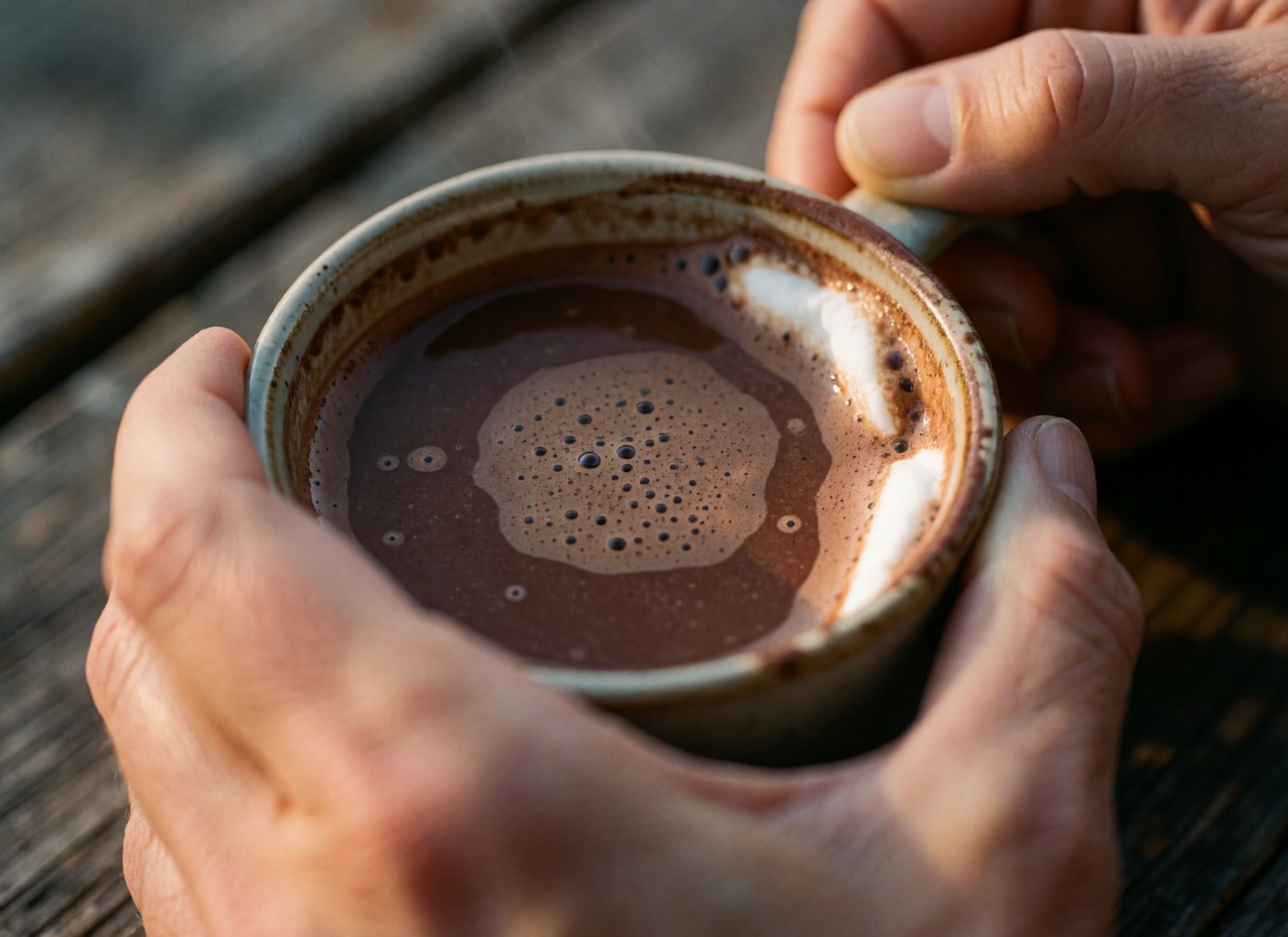 Des mains tiennent une tasse en céramique remplie de chocolat chaud mousseux sur une table en bois rustique, baignée d'une lumière chaleureuse avec un fond flou.
