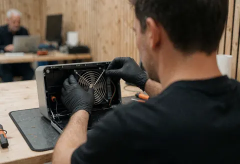 Un technicien en gants noirs monte un ventilateur sur une console ouverte. Un autre homme travaille sur un ordinateur en arrière-plan, dans un espace aux murs en bois clair.