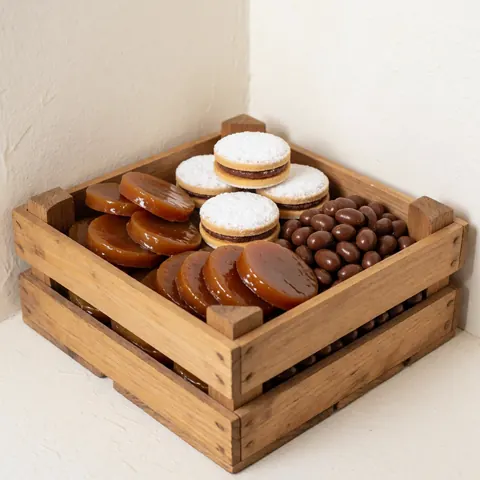 Une boîte en bois rustique remplie d'alfajores, de confiseries à la patate douce et de chocolats posée sur un fond blanc pour une entreprise de coordination d'événements.