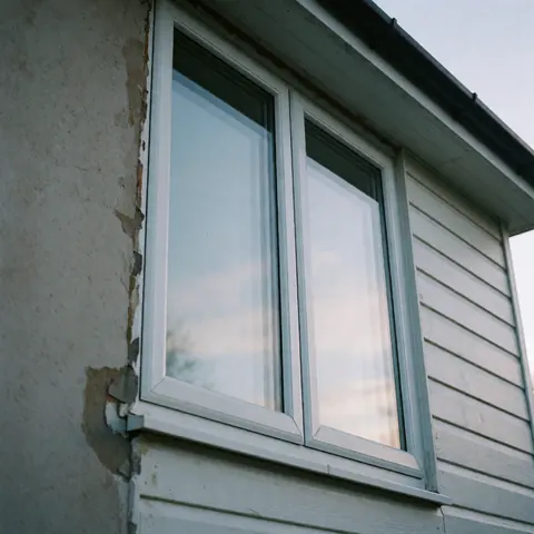 Fenêtre blanche à double vitrage installée sur un mur fissuré et sale, reflétant un ciel nuageux, montrant la transition entre finitions intérieures et extérieures.