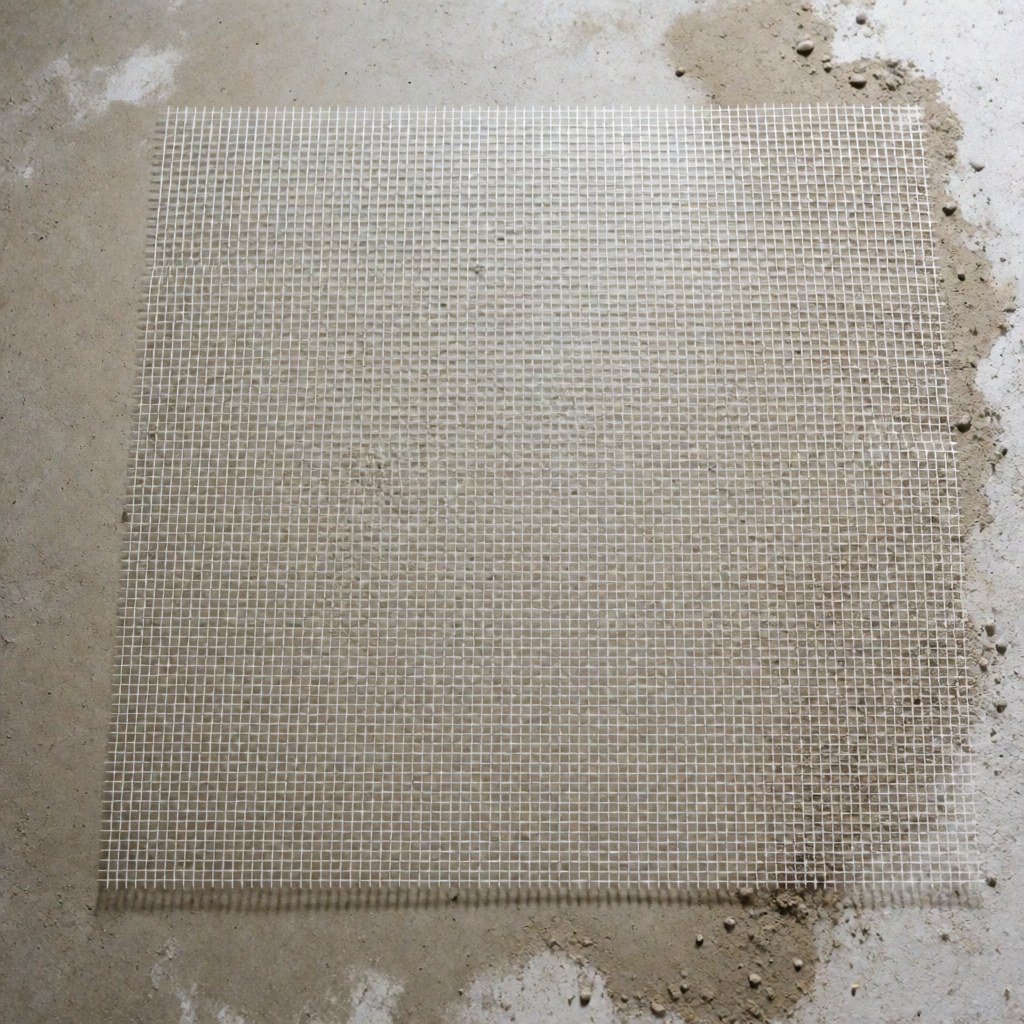 Une maille blanche en fibre de verre posée sur un sol gris avec des particules de poussière, préparation pour l'installation d'un plancher en liège.