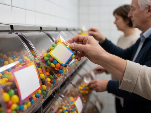 Une main adulte prend un sachet transparent rempli de bonbons multicolores dans un distributeur, avec d'autres machines et des murs carrelés en arrière-plan.