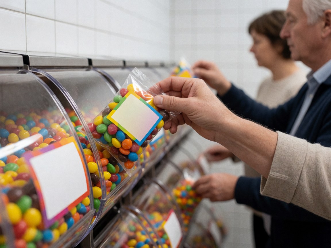 Une main adulte prend un sachet transparent rempli de bonbons multicolores dans un distributeur, avec d'autres machines et des murs carrelés en arrière-plan.
