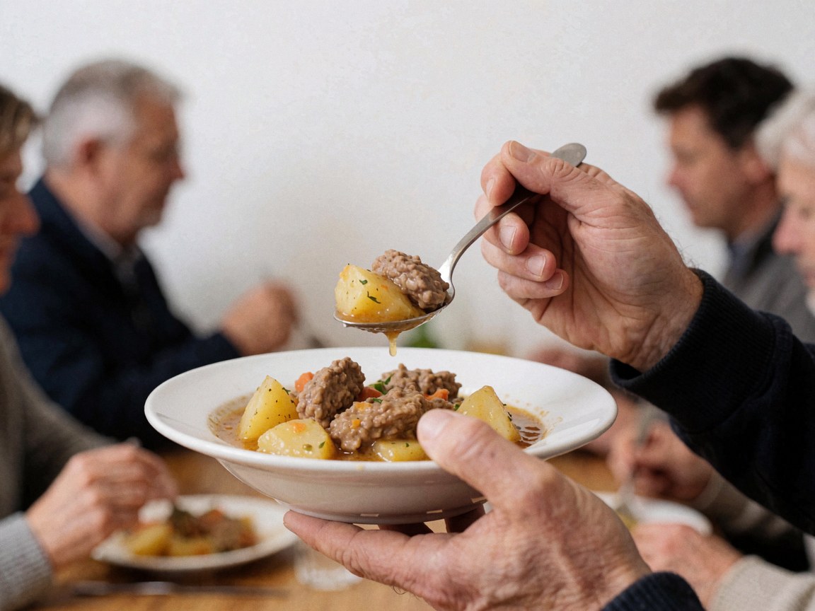 Gros plan d'une cuillère tenant un fricasé contenant de la viande et des pommes de terre, sur fond flou suggérant une ambiance de restaurant.