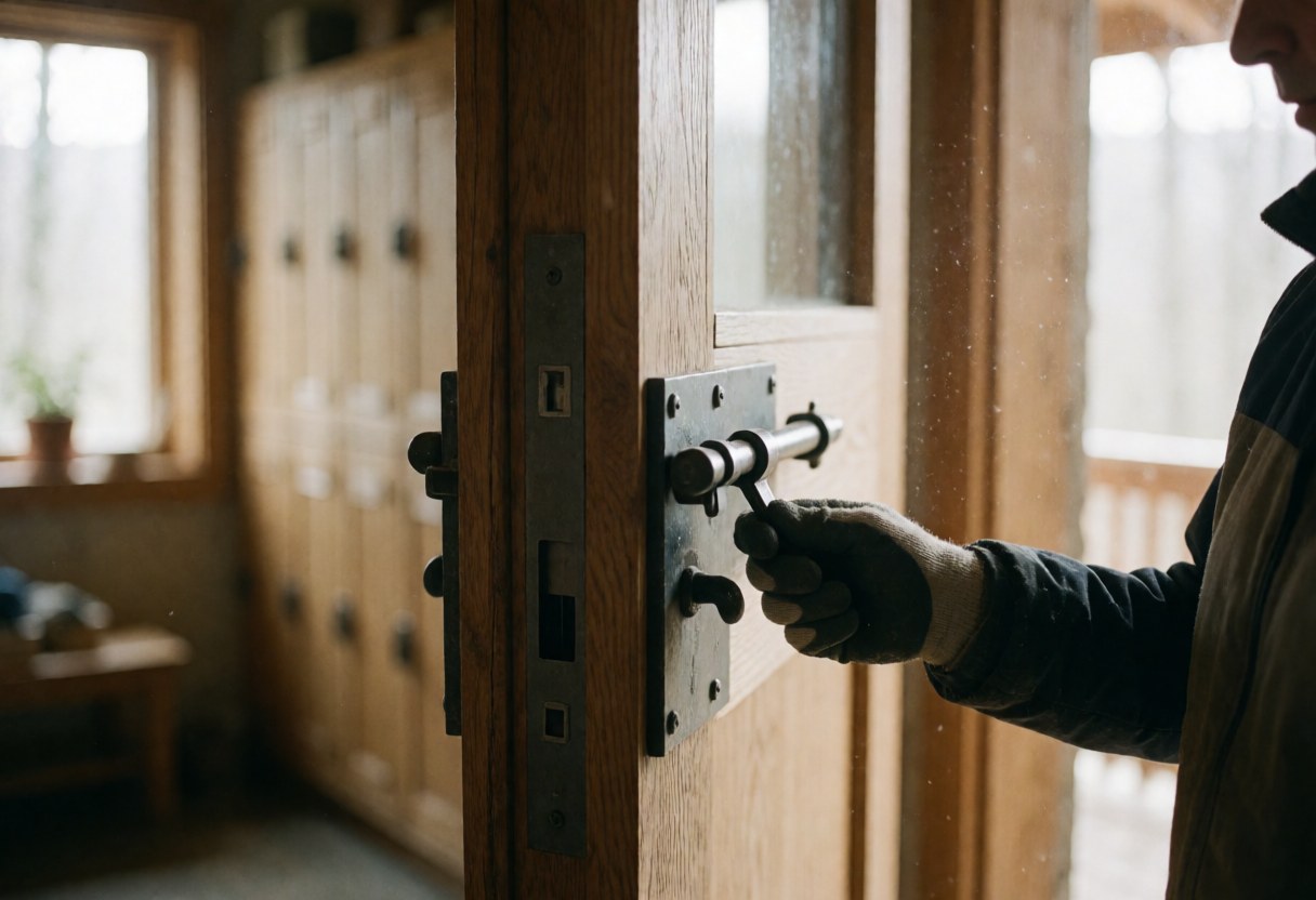 Une main portant un gant ouvre une serrure métallique sur une épaisse porte en bois à l'intérieur d'un refuge de montagne, avec des casiers flous en arrière-plan.