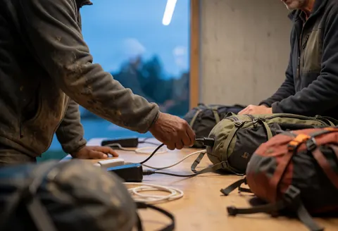 Deux individus connectent leurs équipements électroniques à des chargeurs posés sur une table dans un refuge de montagne, avec des sacs et une lumière intérieure chaude.