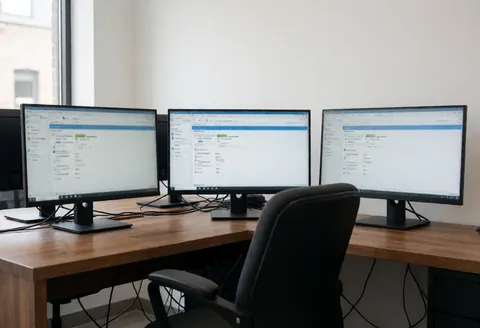 Bureau de diagnostic équipé de trois écrans, d'une chaise ergonomique et éclairé par la lumière naturelle, idéal pour la réparation d'ordinateurs.