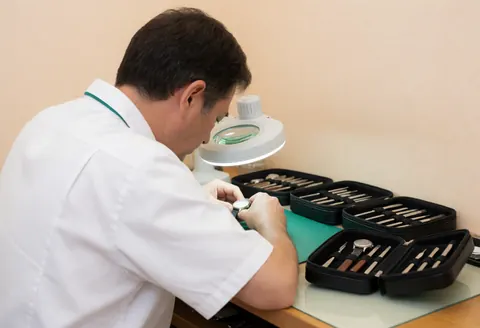 Un technicien dans son atelier répare une montre avec des outils professionnels sous une lumière de loupe, montrant un travail précis et détaillé.