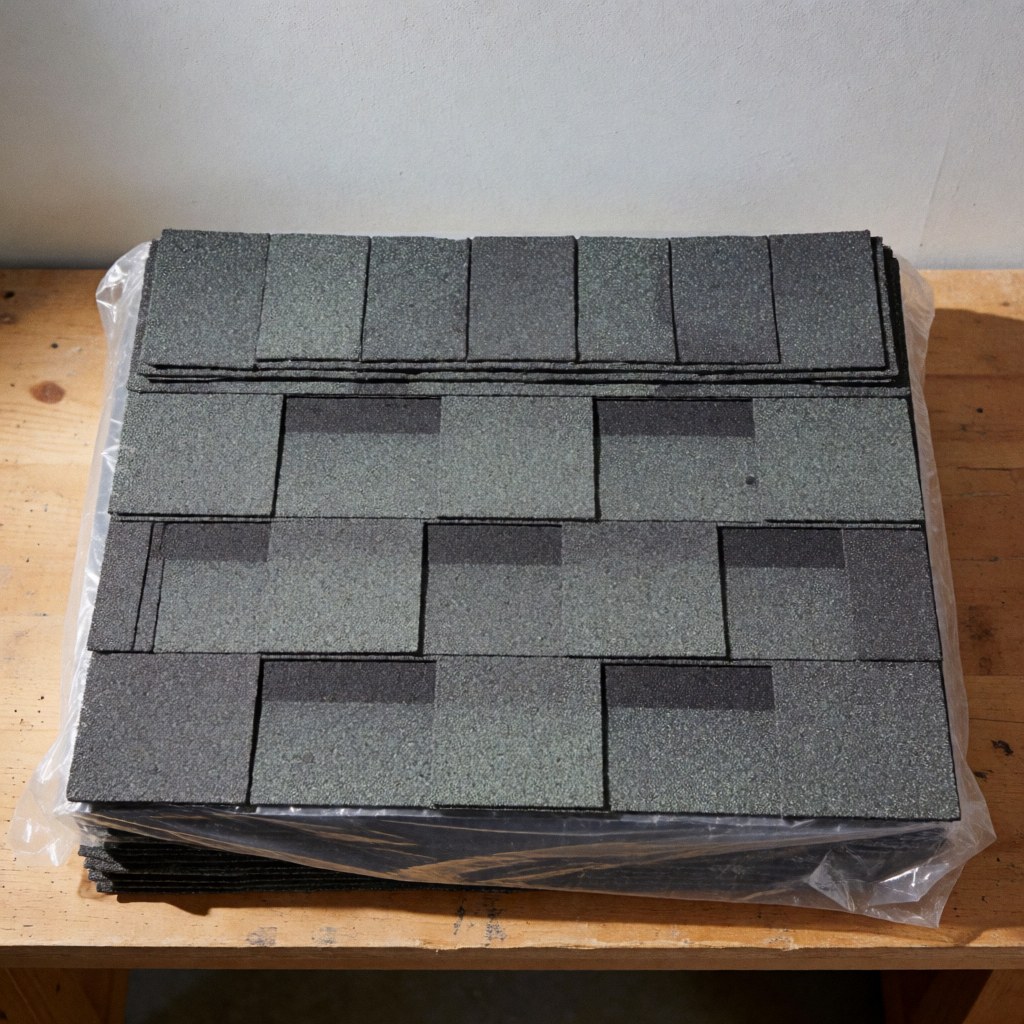 Paquet de tuiles d'asphalte grises à texture granulaire, emballées dans du plastique, posé sur un banc en bois avec un mur en arrière-plan.
