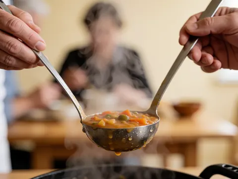 Deux mains tiennent des cociers remplis de soupe chaude et fumante sur un fond flou montrant des personnes mangeant à une table en bois.