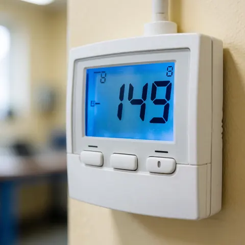 Thermostat blanc mural avec écran bleu affichant 149 degrés, boutons de contrôle, sur fond de atelier flou.