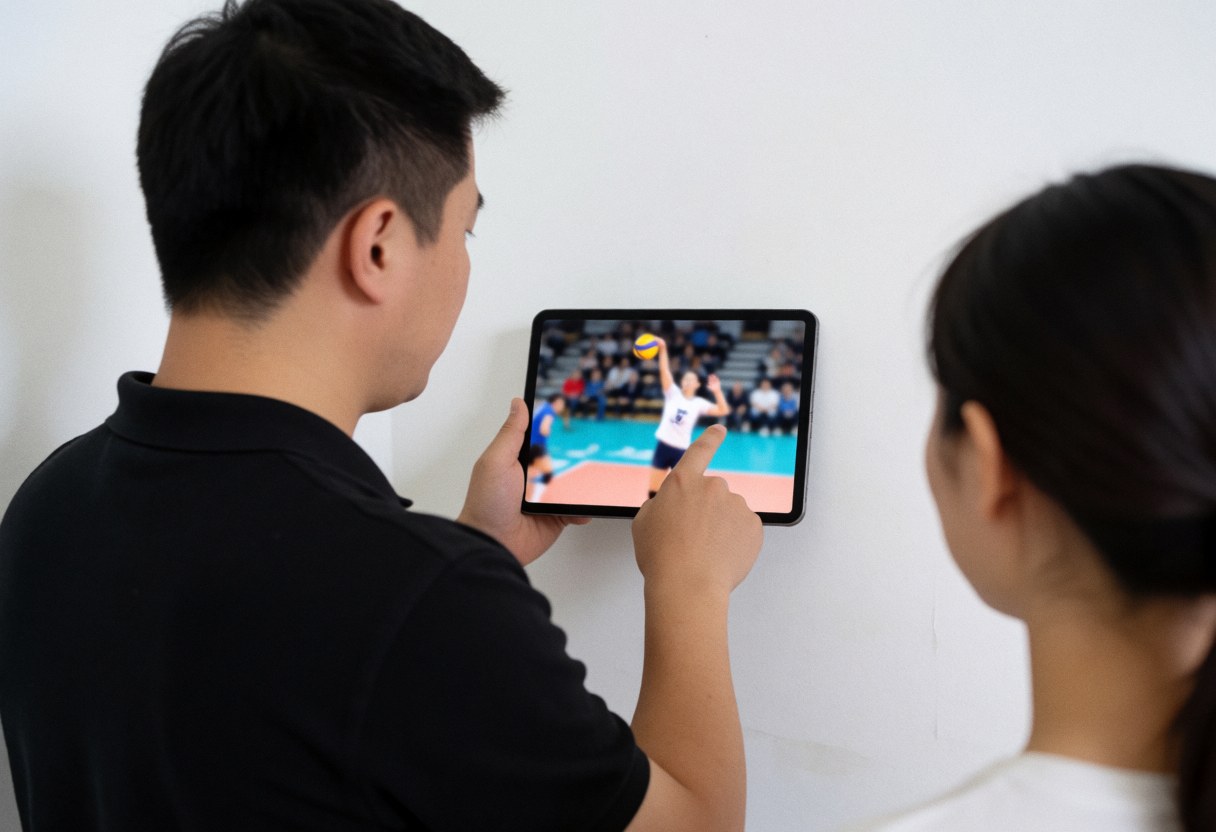 Un entraîneur de volleyball examine attentivement des images tactiques sur une tablette numérique dans un environnement professionnel.